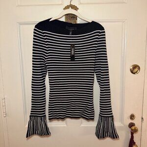 White House Black Market Striped Flared Cuff Sweater, Black/Ecru Stripe. NEW L